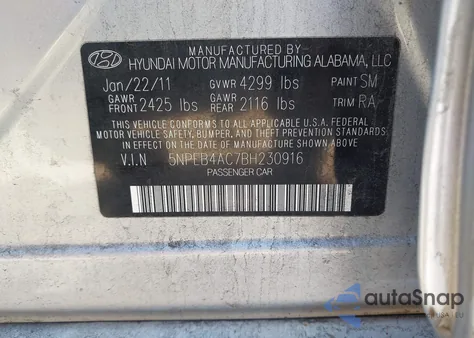 2011 Hyundai Sonata Gls z USA, uszkodzony, nr VIN 5NPEB4AC7BH230916